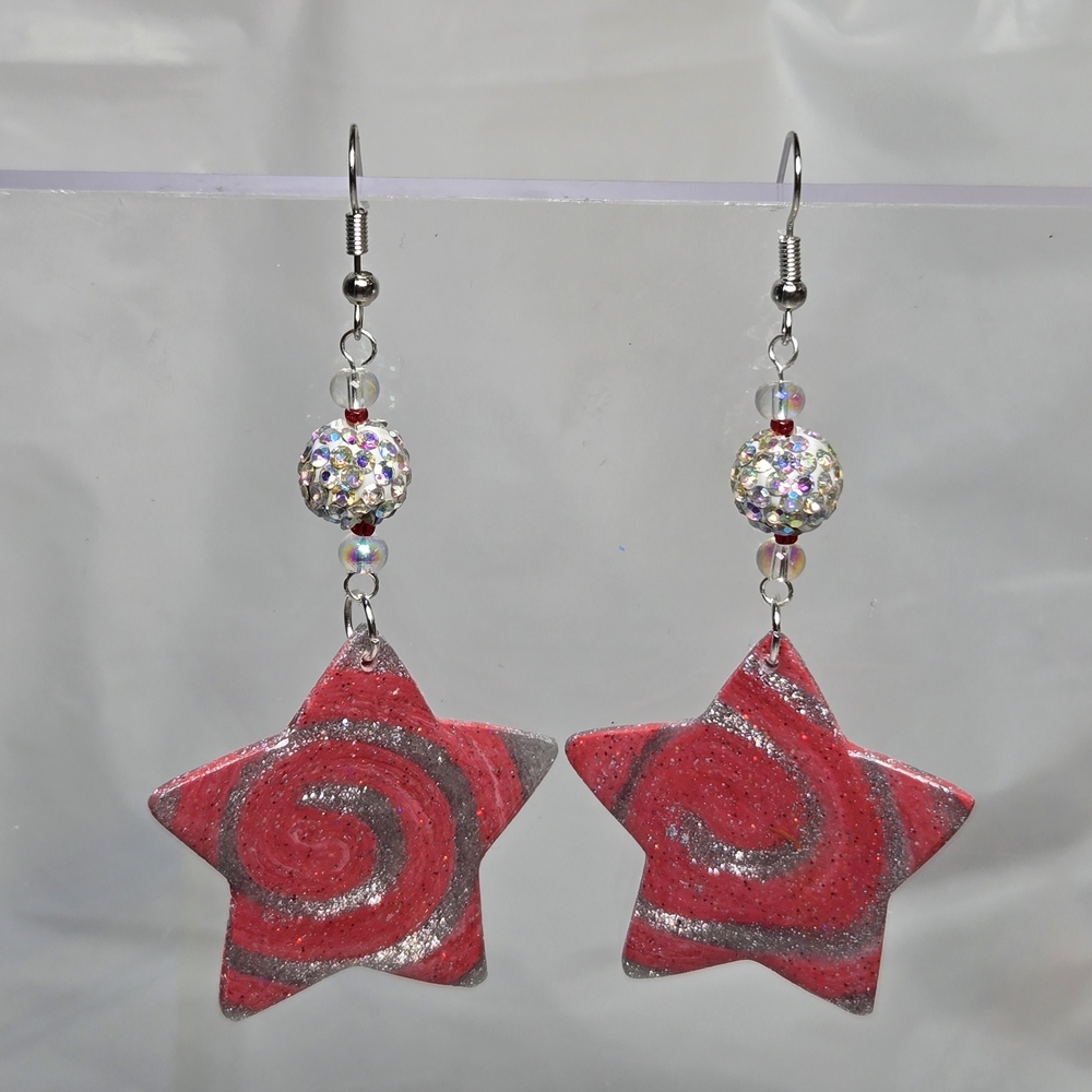 #B360- Twinkling Star Swirl Earrings in Red and Silver - Picture 1 of 5